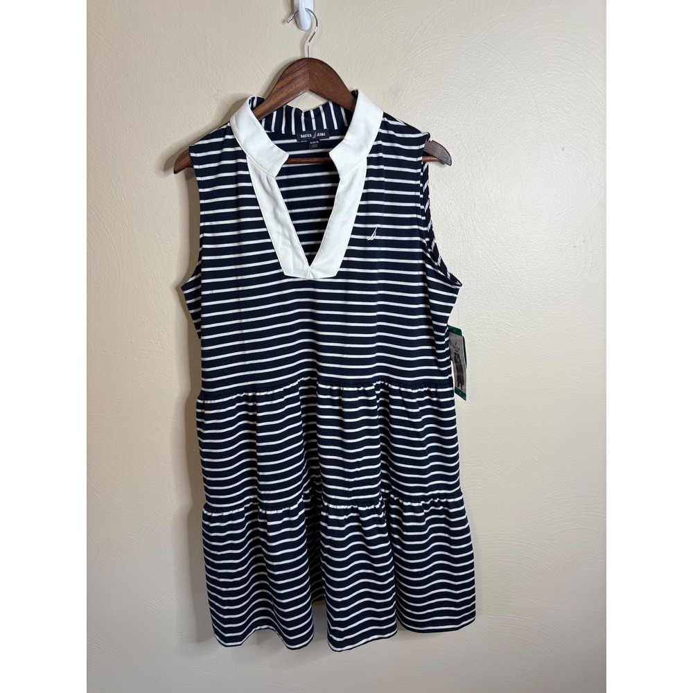 Nautica Jeans Polo Dress XL Navy White Striped Sleeveless Tiered 1844377 - Picture 2 of 11